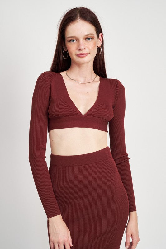 V NECK CROPPED SWEATER TOP
