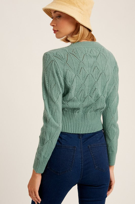 V neck Scallop Edge Button Down Crop Knit Cardigan