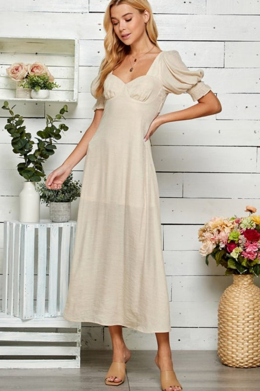 PUFF SLEEVE OPEN BACK MIDI DRESS