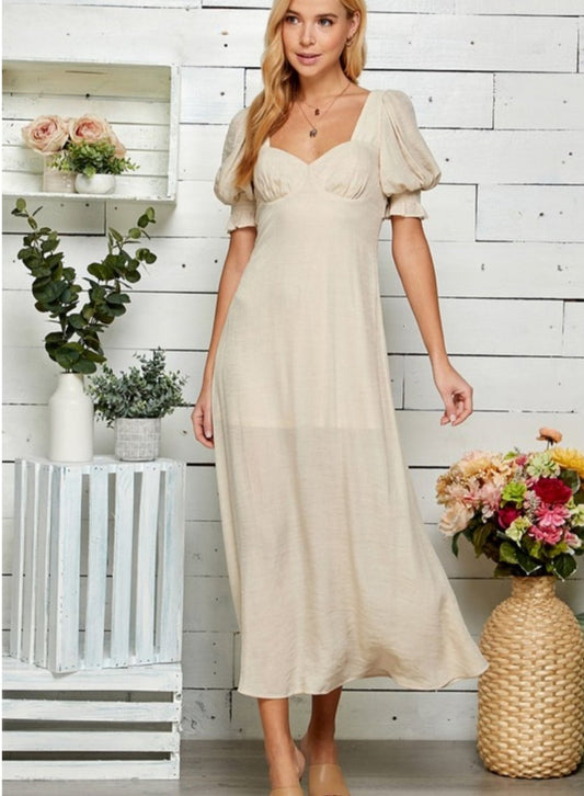 PUFF SLEEVE OPEN BACK MIDI DRESS