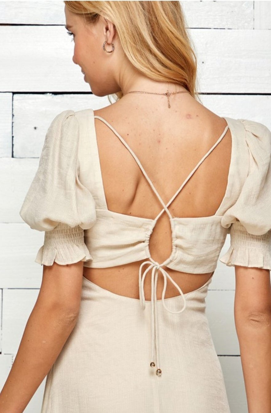 PUFF SLEEVE OPEN BACK MIDI DRESS