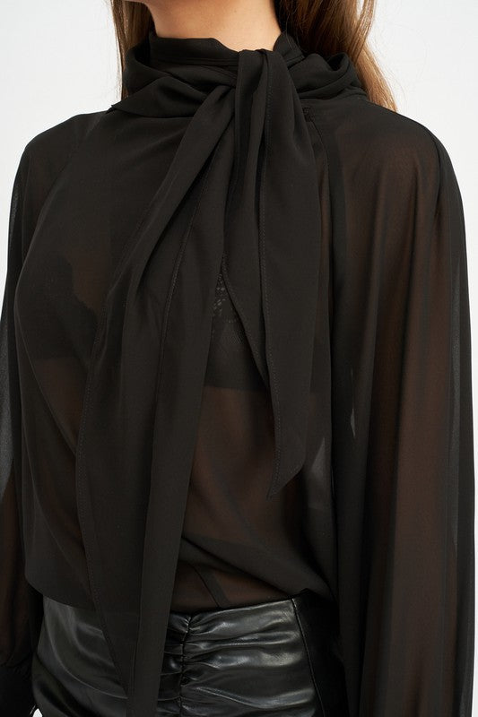 CONTRASTED SHEER TOP WITH SCARF DETAIL