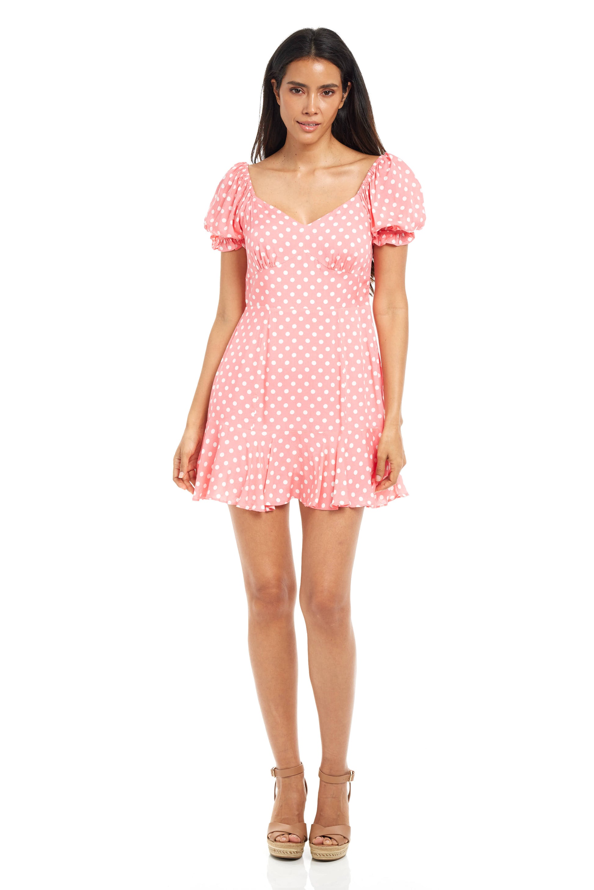 Pink with white polka dot print with puff sleeve mini dress| guavaberry