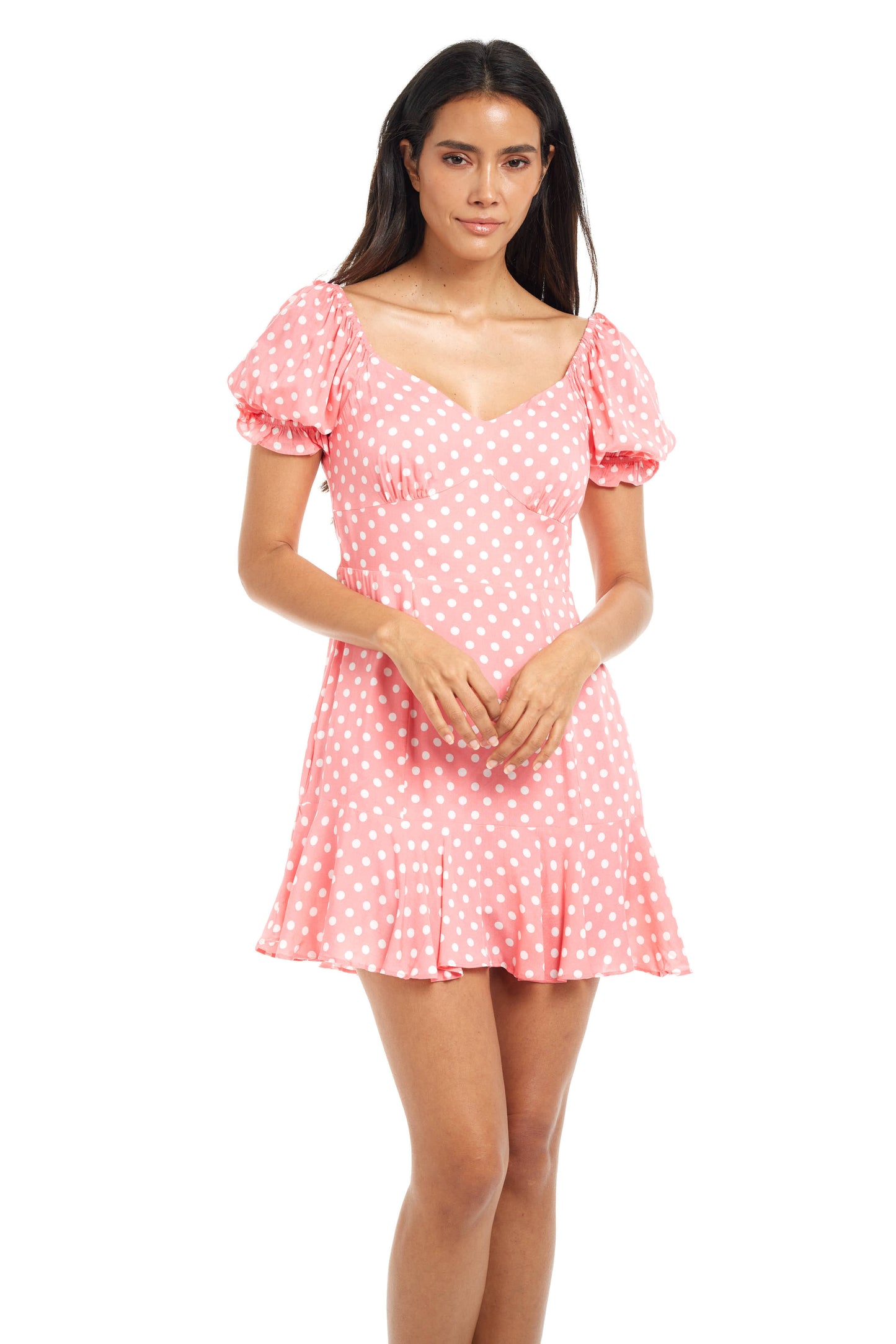 Pink with white polka dot print with puff sleeve mini dress| guavaberry Pink with white polka dot print with puff sleeve mini dress| guavaberry