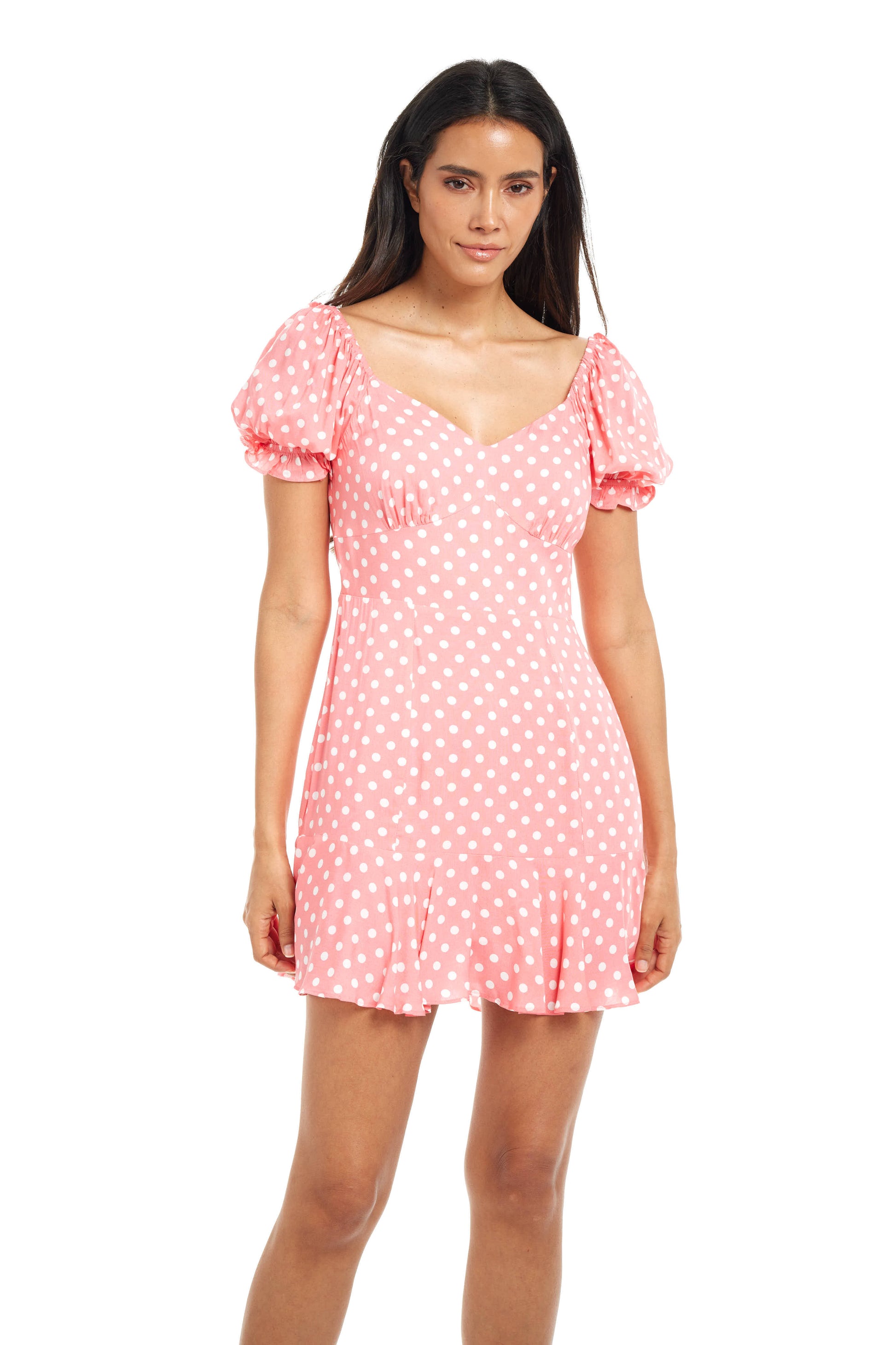 pink dress with white polka dots Open Fields Dot Dress, Dusty Medium Natalie is 173cm Dots For Days Top and