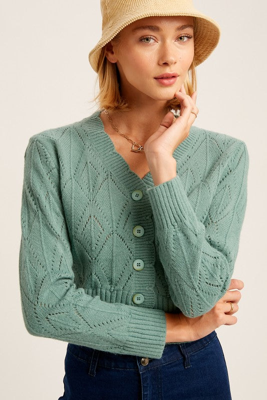 V neck Scallop Edge Button Down Crop Knit Cardigan