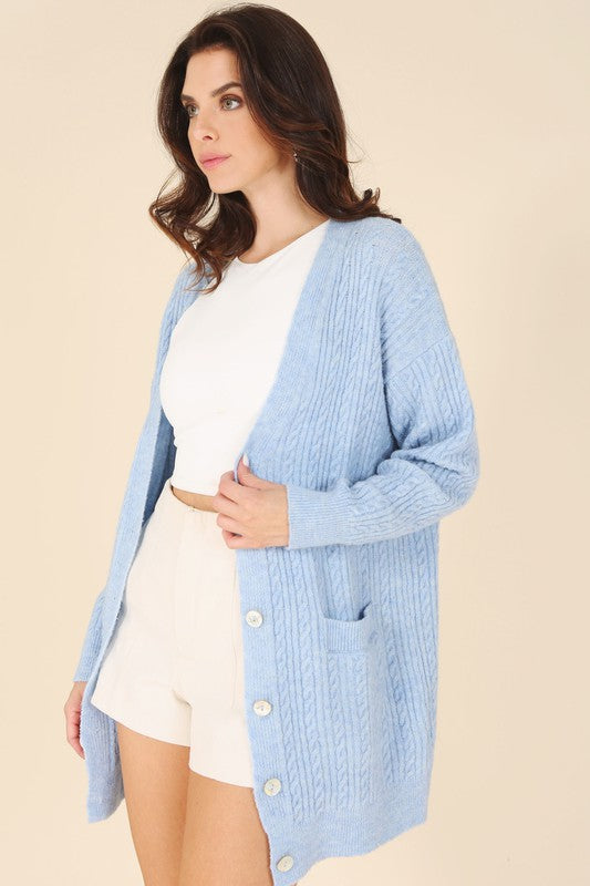 Wool blended cable knitted cardigan